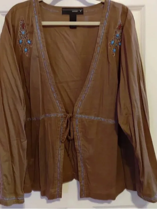 Venezia Tan Tie-Front Utility Jacket with Turquoise & Pink Embroidery - Picture 5 of 7